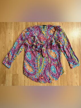 EUC Women’s Lauren Ralph Lauren Pink Multicolored Paisley Ruffle Blouse - XS